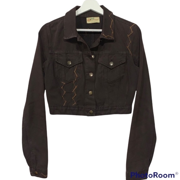 Vintage Cropped Dragon Patch Denim Jacket Brown 42 - Picture 2 of 14